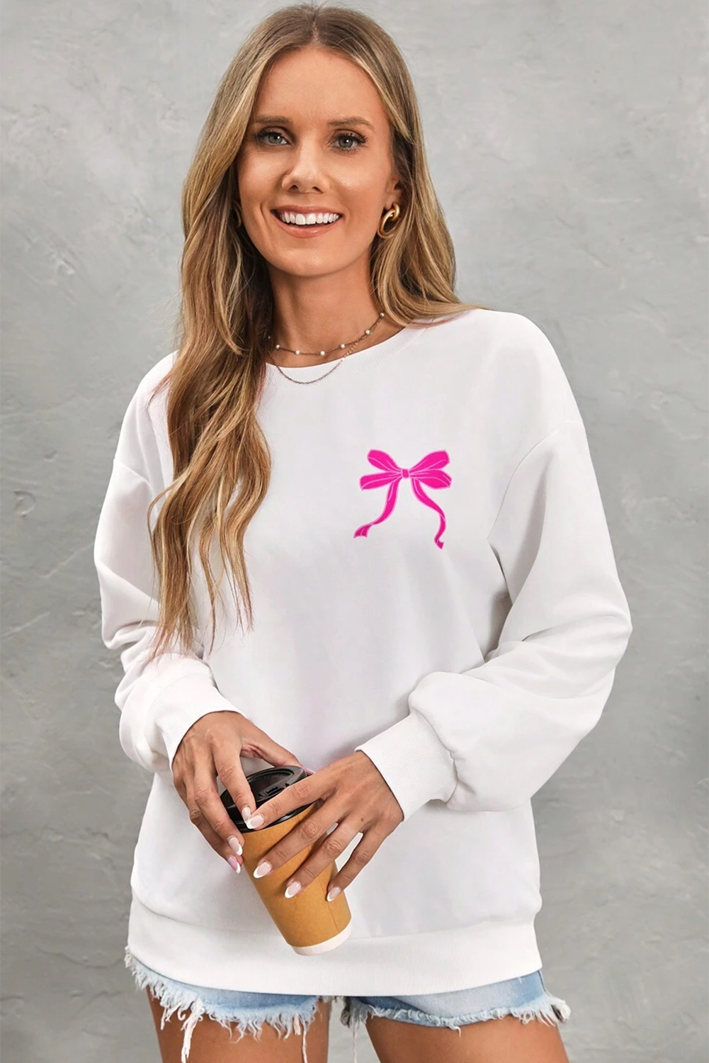 White Bow Graphic Casual Crewneck Sweatshirt