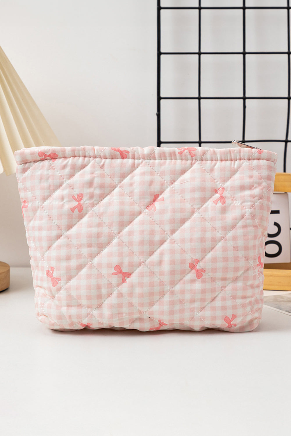 Pink Bow Print Zipper Quilted Large Cosmetic Bag