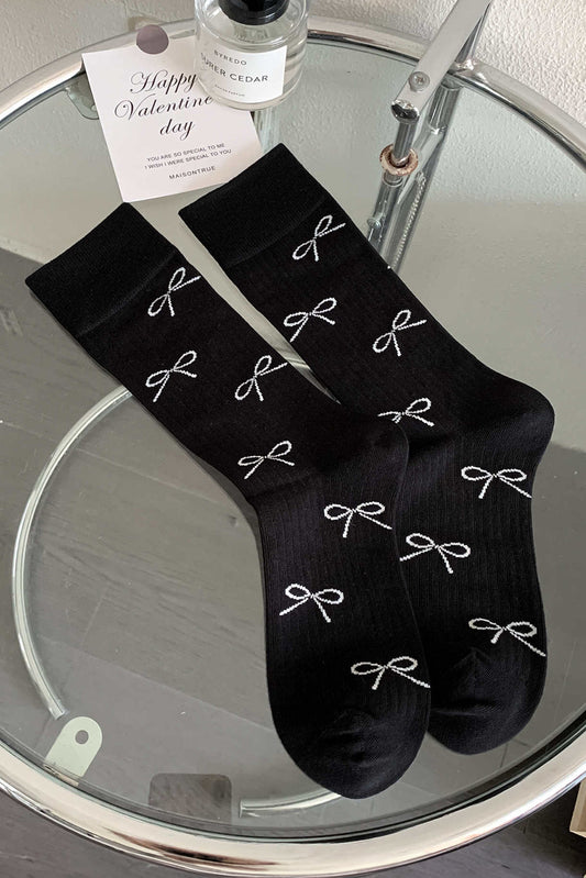 Gray Bow Knot Print Ribbed Crew Socks