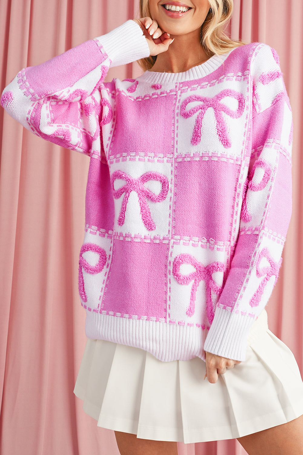 Pink Sweet Bow Two Tone Checkered Sweater