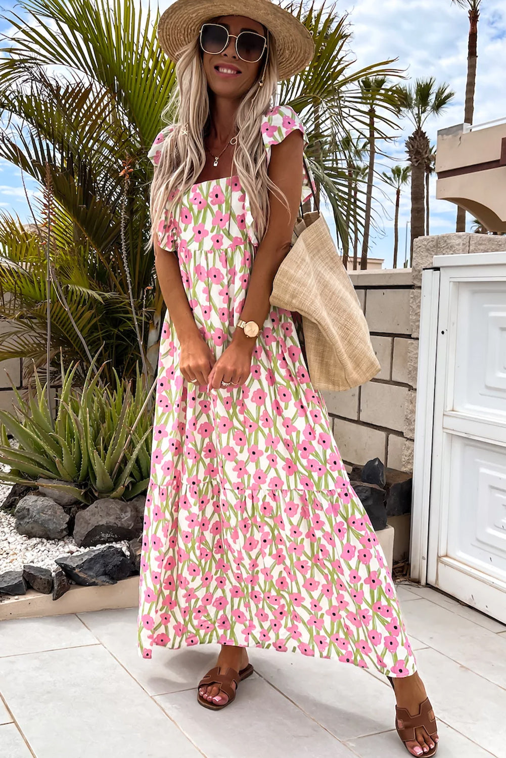 Pink Floral Print Square Neck Ruffled Strap Maxi Dress