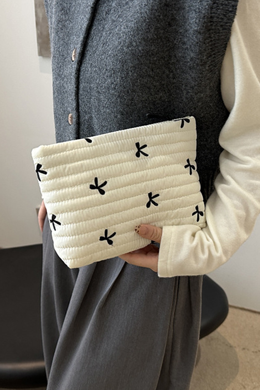 White Bow Quilted Makeup Bag