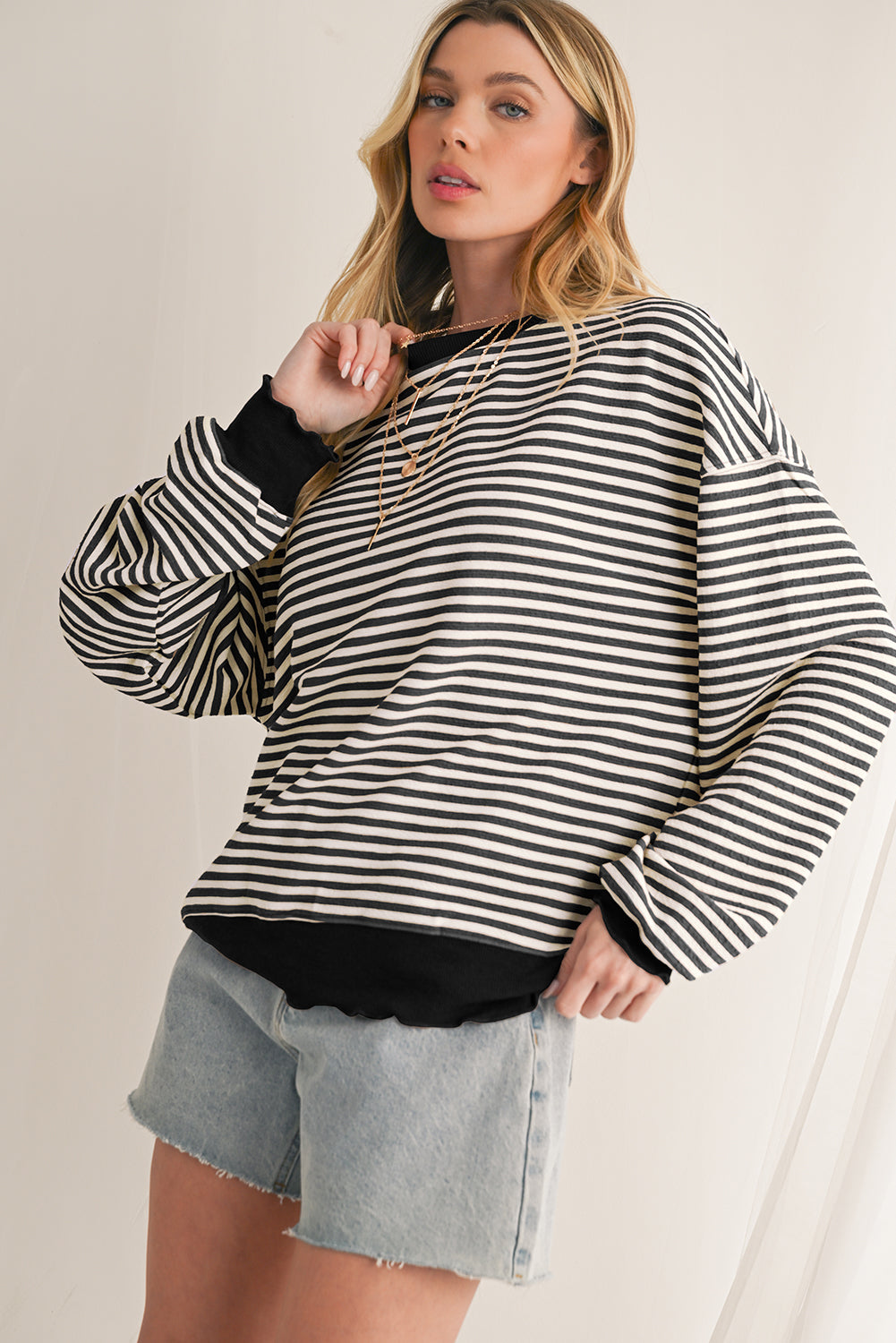 Pink Stripe Drop Shoulder Long Sleeve Top