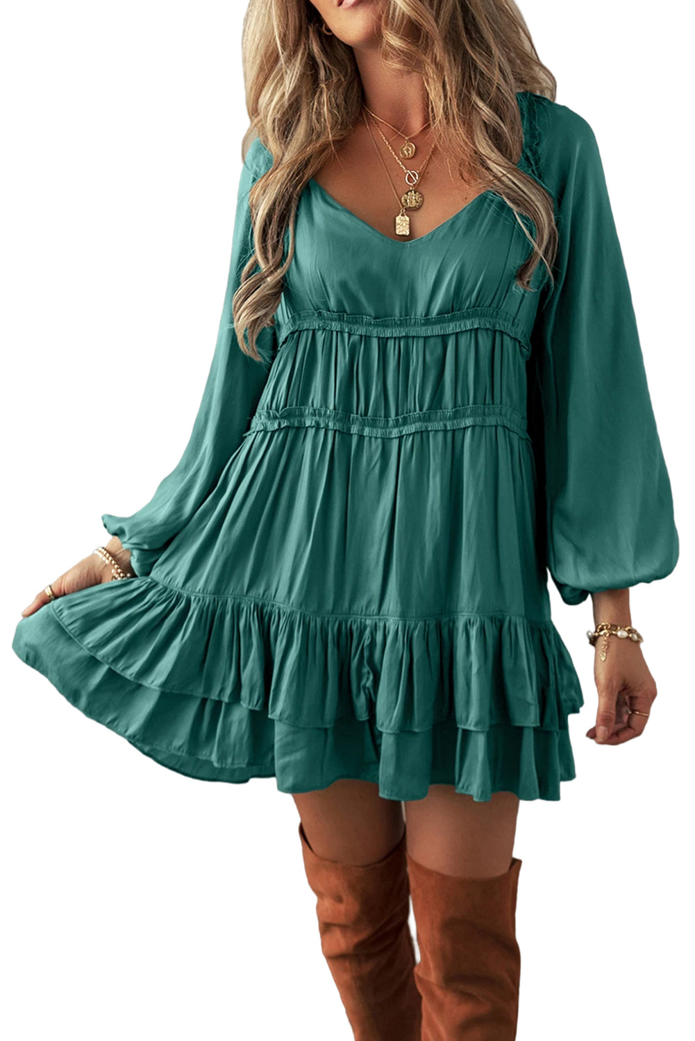 Black Puff Sleeve Loose Fit Tiered Ruffle Mini Dress