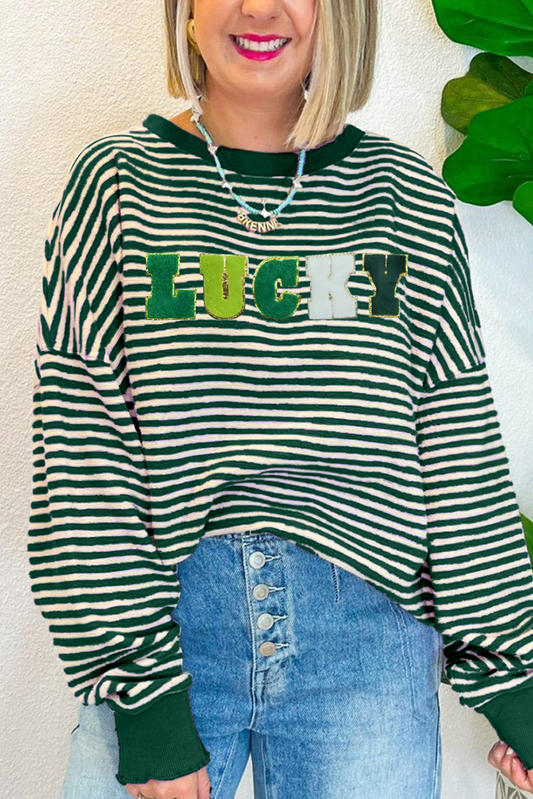 Green Stripe Chenille LUCKY Patched Pattern St Patrick Long Sleeve Top