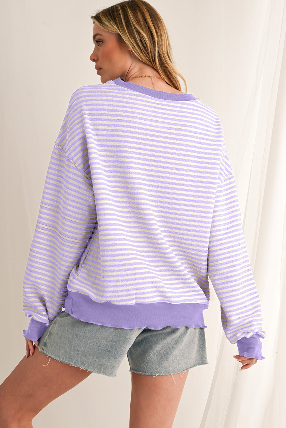 Pink Stripe Drop Shoulder Long Sleeve Top