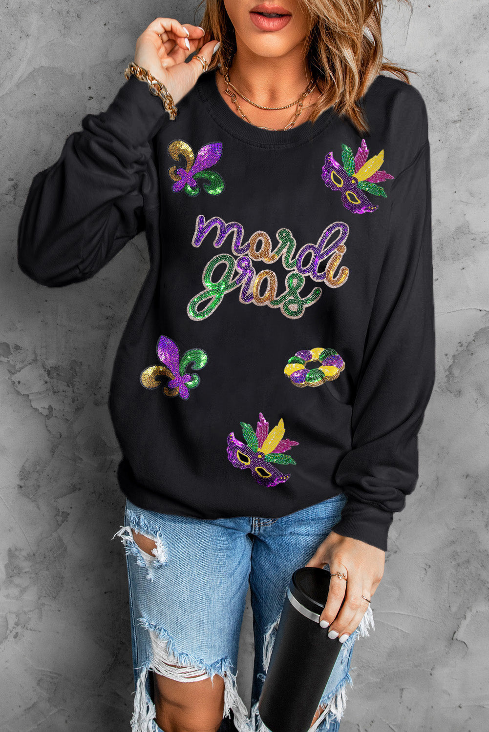 Black Sequin mardi gras Graphic Pullover Sweatshirt