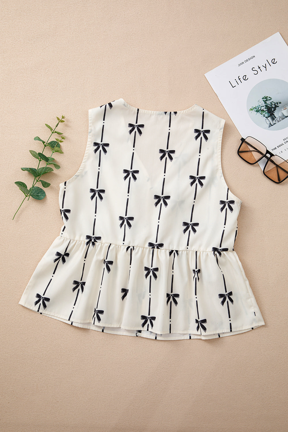 White Sweet Bow Print Tie Front Sleeveless Top