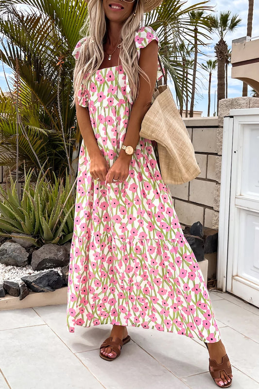 Pink Floral Print Square Neck Ruffled Strap Maxi Dress