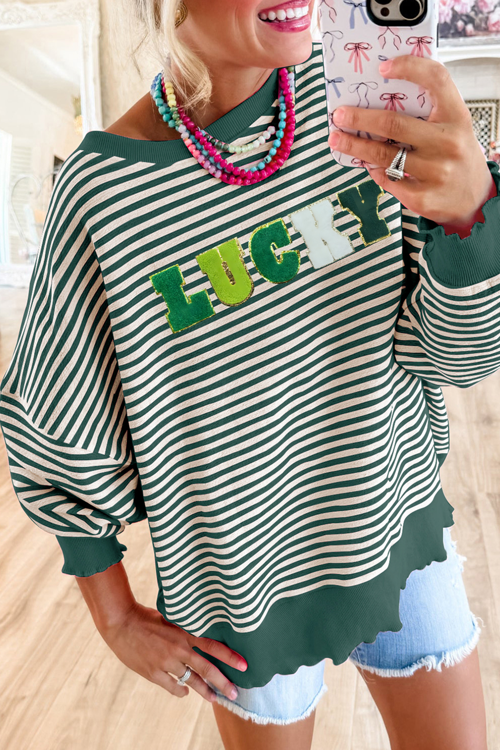 Green Stripe Chenille LUCKY Patched Pattern St Patrick Long Sleeve Top