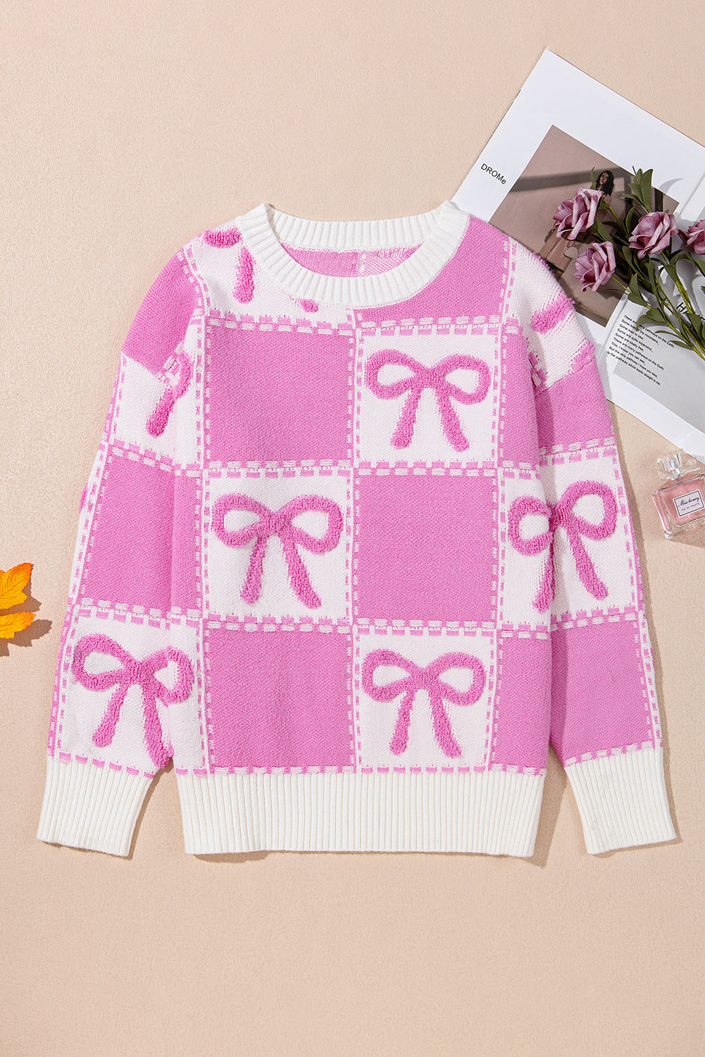 Pink Sweet Bow Two Tone Checkered Sweater