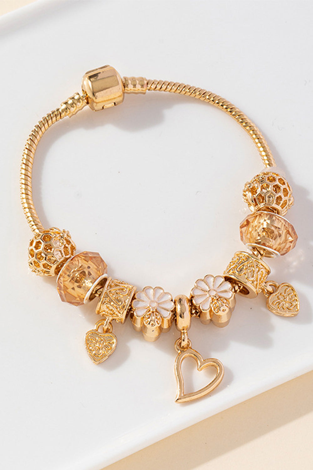 Gold Flower Heart Charm Plated Alloy Bracelet