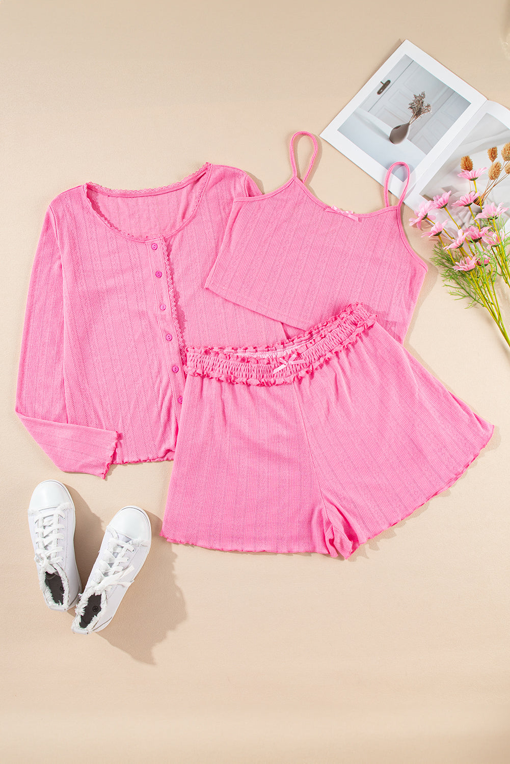 Bonbon Texture Cropped Bow Cami Shorts and Cardigan 3pcs Pajama Set