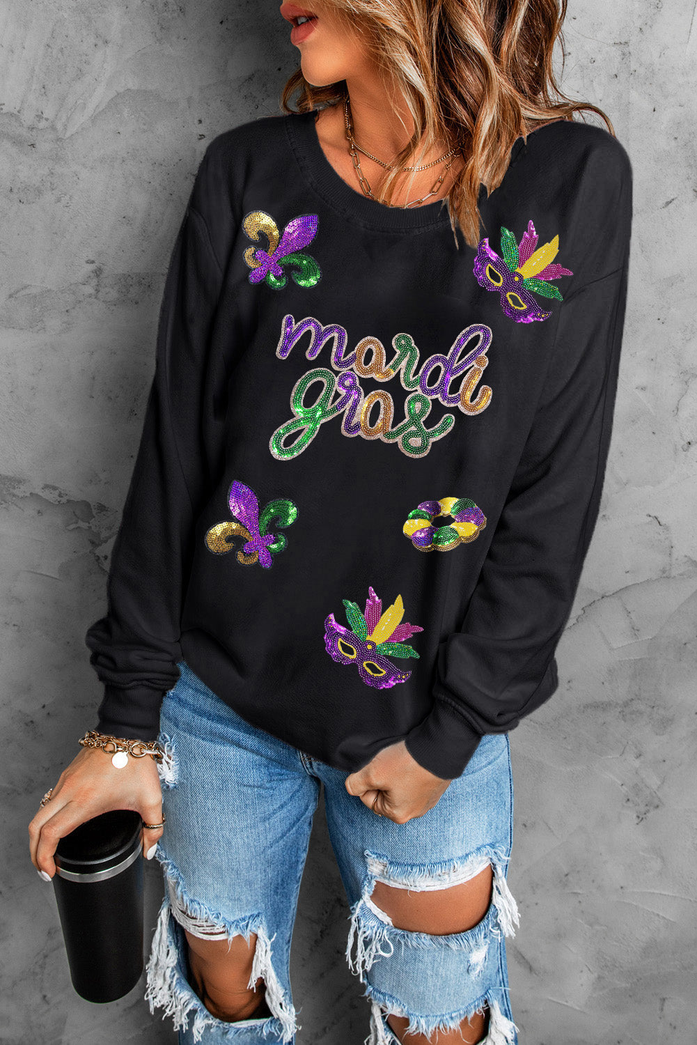 Black Sequin mardi gras Graphic Pullover Sweatshirt