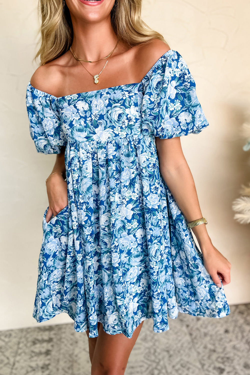 Blue Floral Puff Sleeve Babydoll Mini Dress