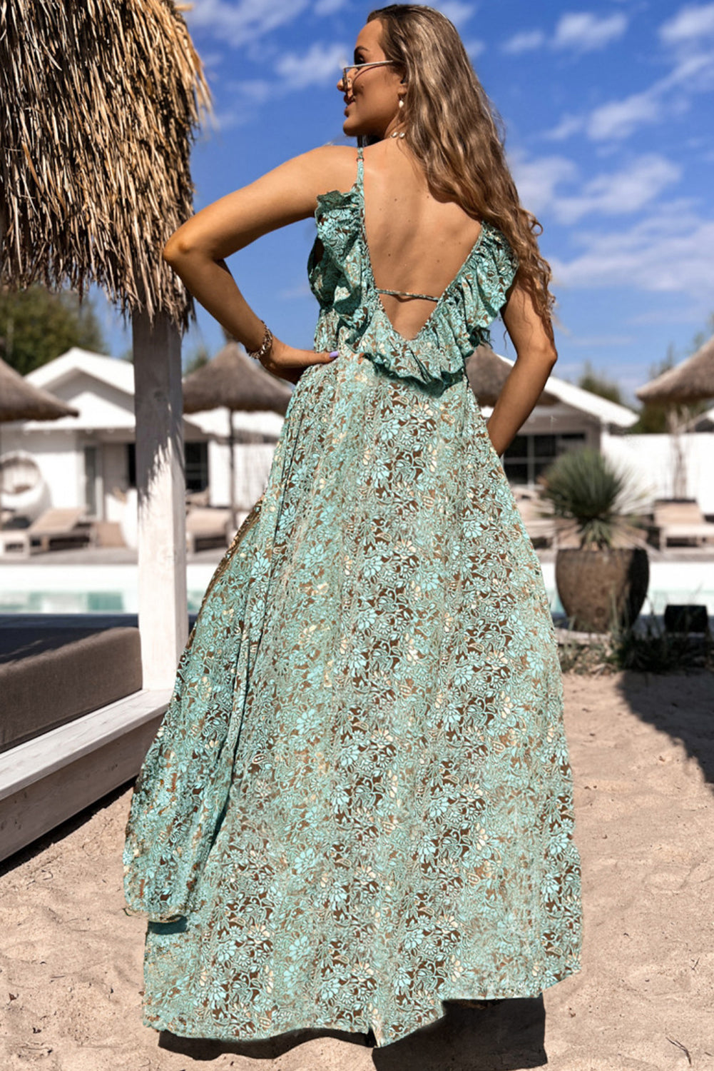 Green Floral Print V Neck Ruffled Trim Backless Tassel Waist Maxi Dress