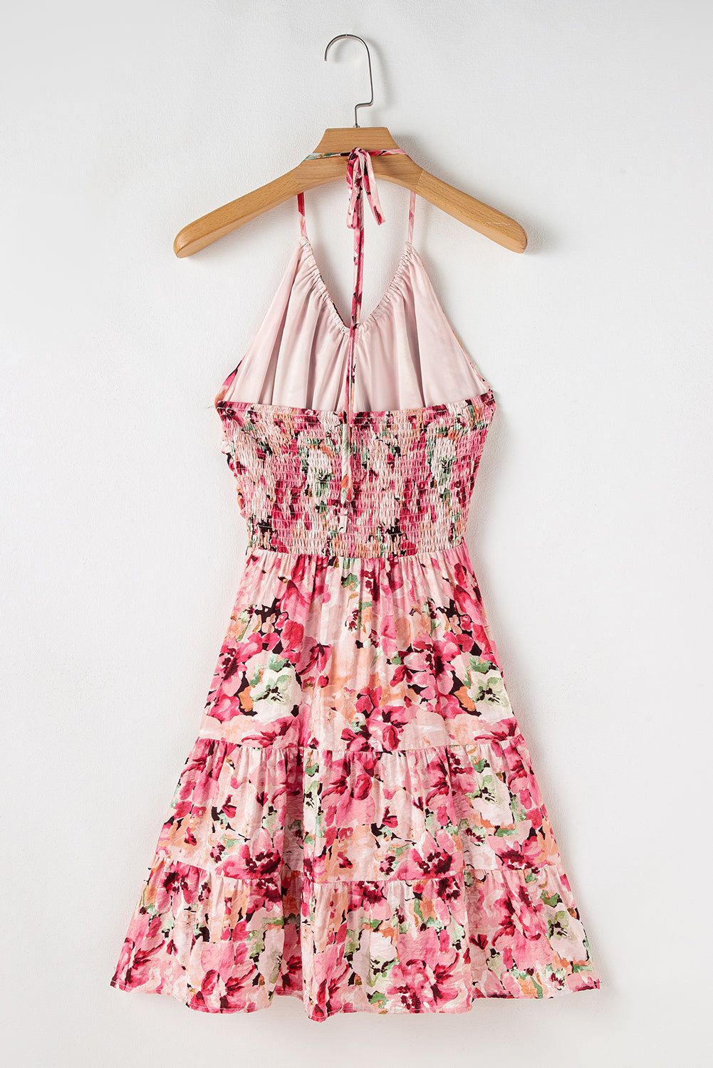 Pink Floral Halter Neck Smocked Back Ruffle Mini Dress