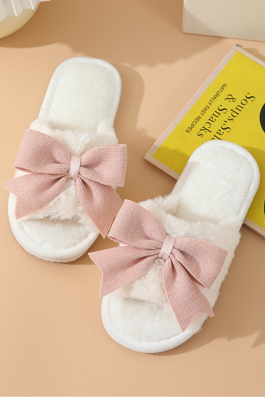 White Cute Bowknot Home Fluffy Slippers