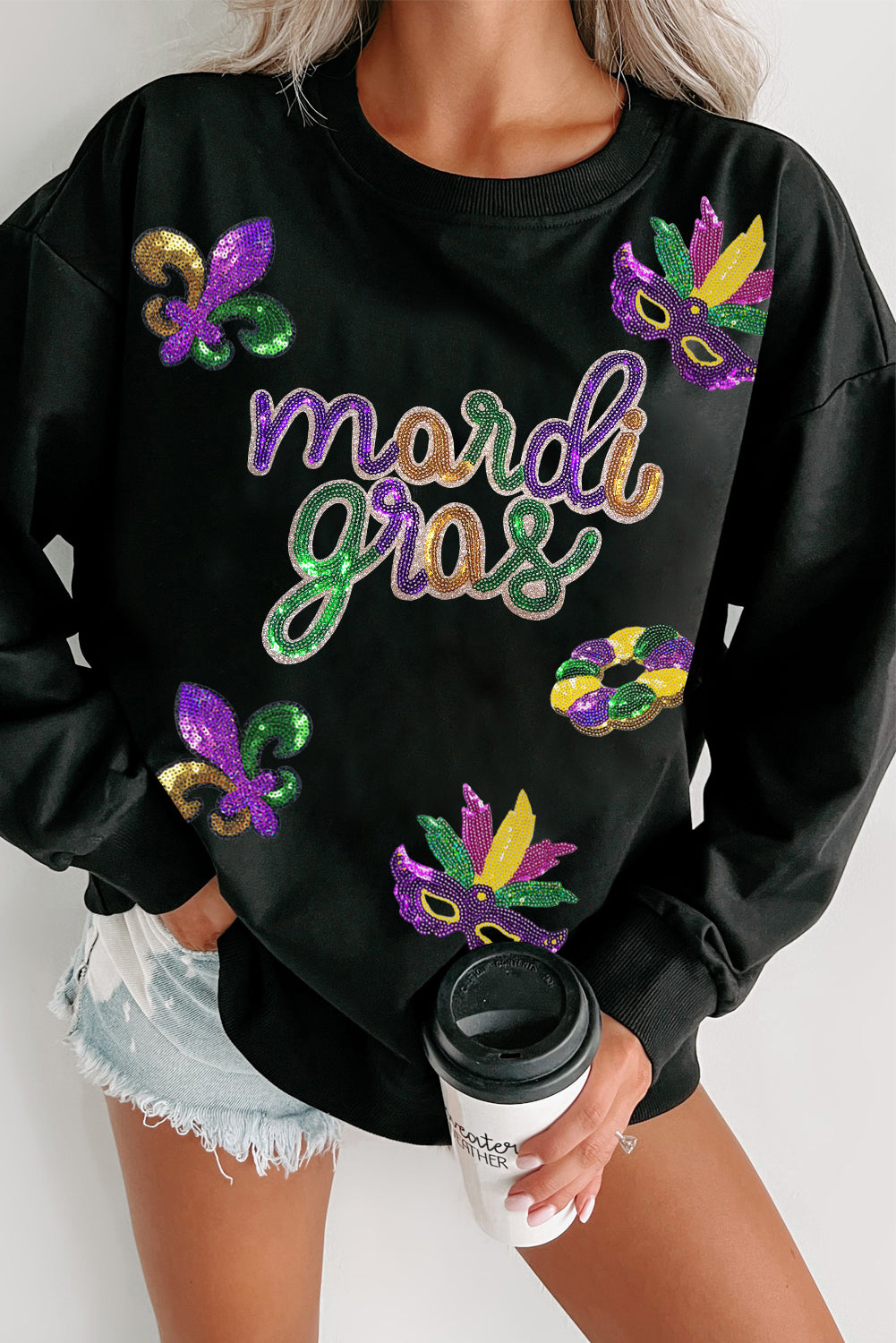 Black Sequin mardi gras Graphic Pullover Sweatshirt