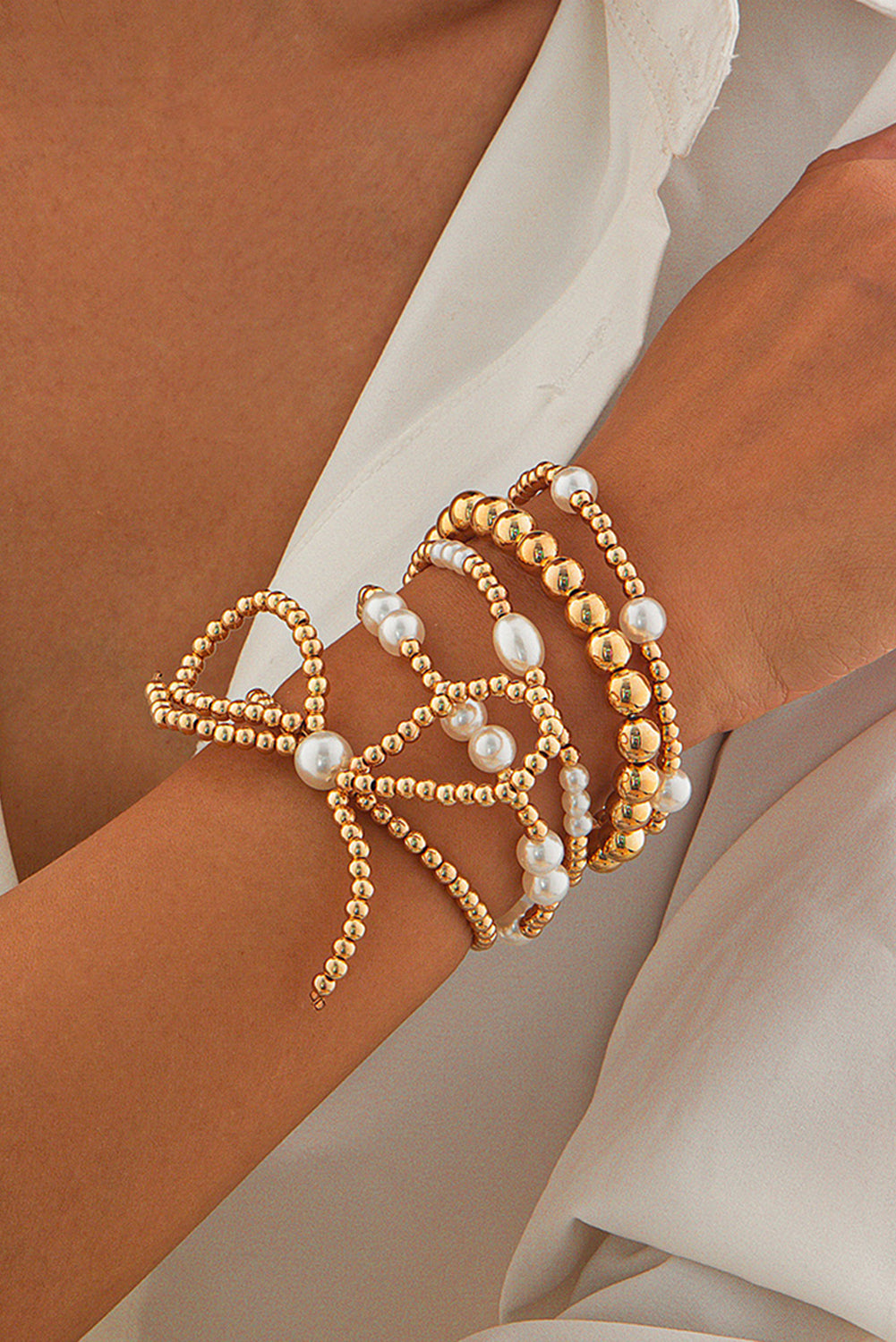 Gold Bow Knot Pearl Beaded Multi Layered Bracelet Set