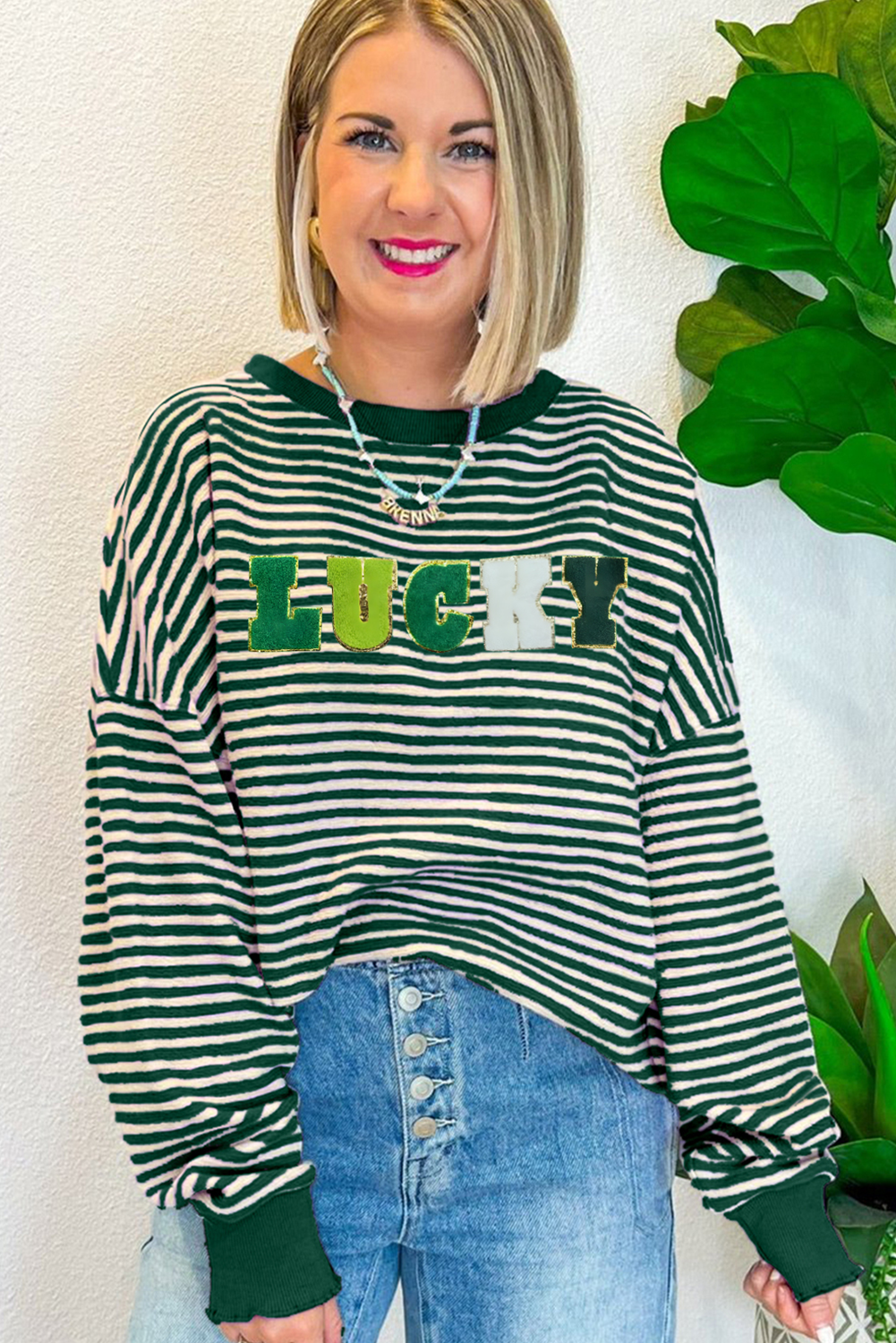 Green Stripe Chenille LUCKY Patched Pattern St Patrick Long Sleeve Top