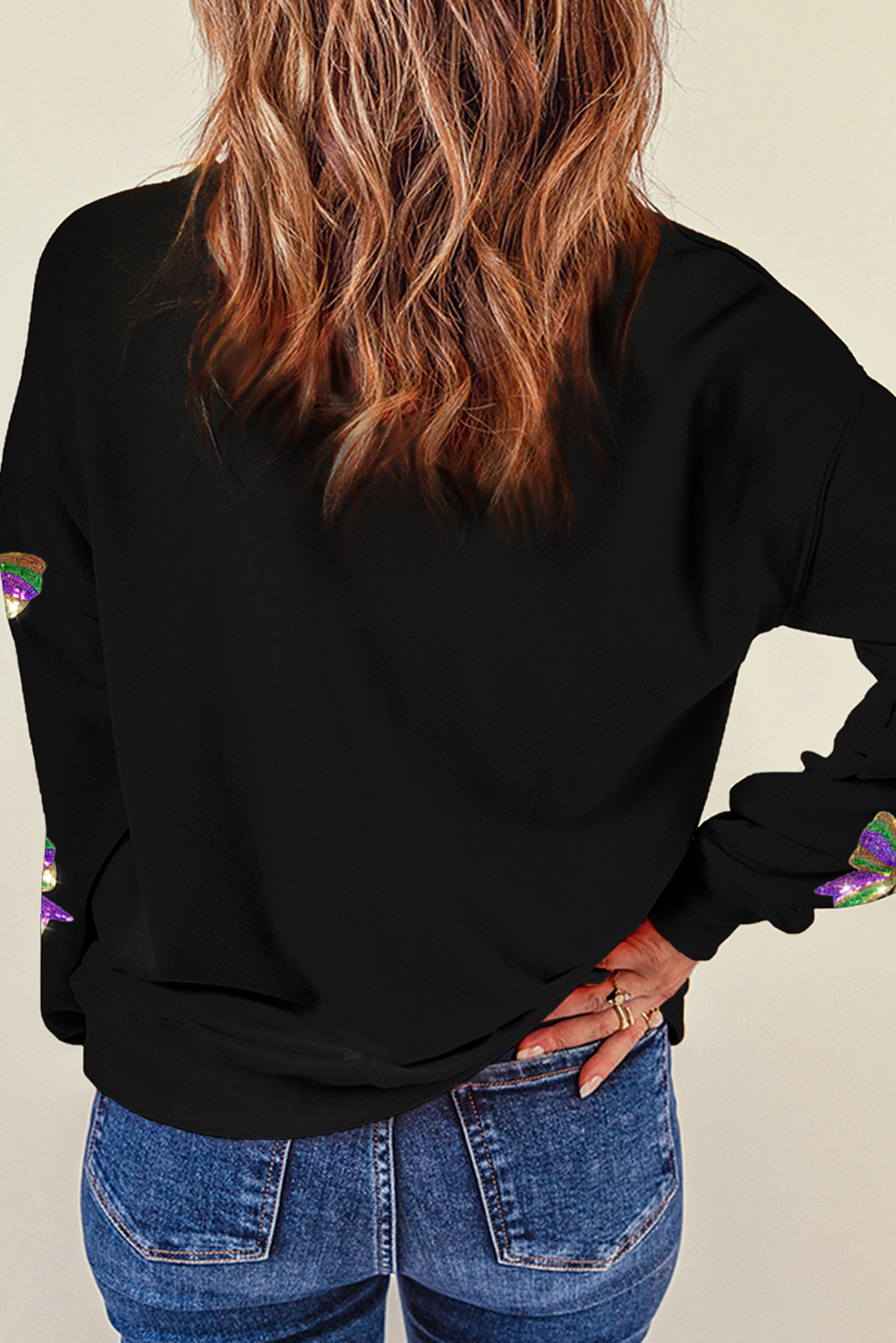 Black Sequin Mardi Gras Bow Graphic Pullover Sweatshirt