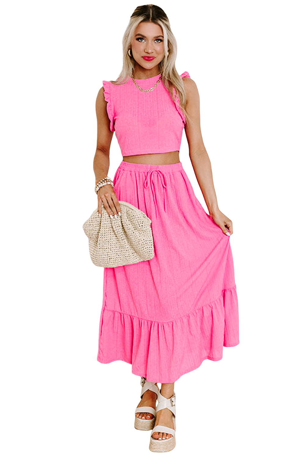 Bonbon Textured Ruffle Trim Crop Top and Drawstring Skirt Set