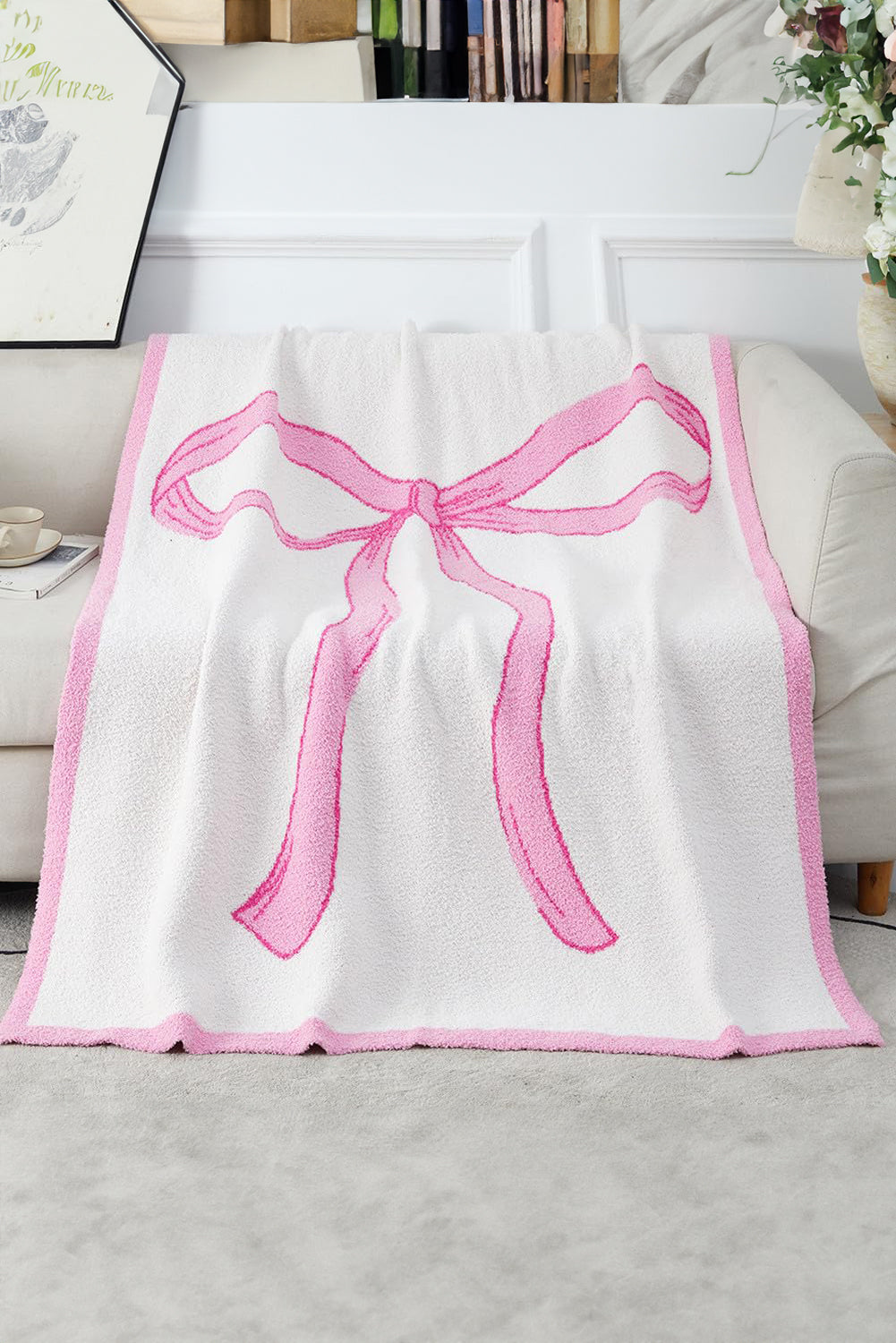 Pink 127*152cm Bow Printed Cozy Soft Throw Blanket