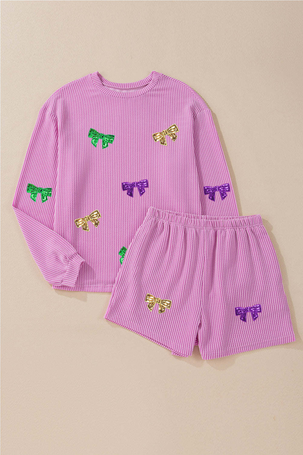 Phalaenopsis Mardi Gras Bowknot Pattern Corded Long Sleeve Top and Shorts Set