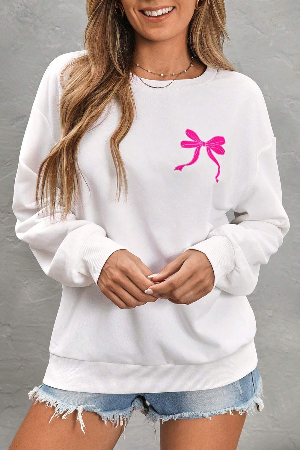 White Bow Graphic Casual Crewneck Sweatshirt