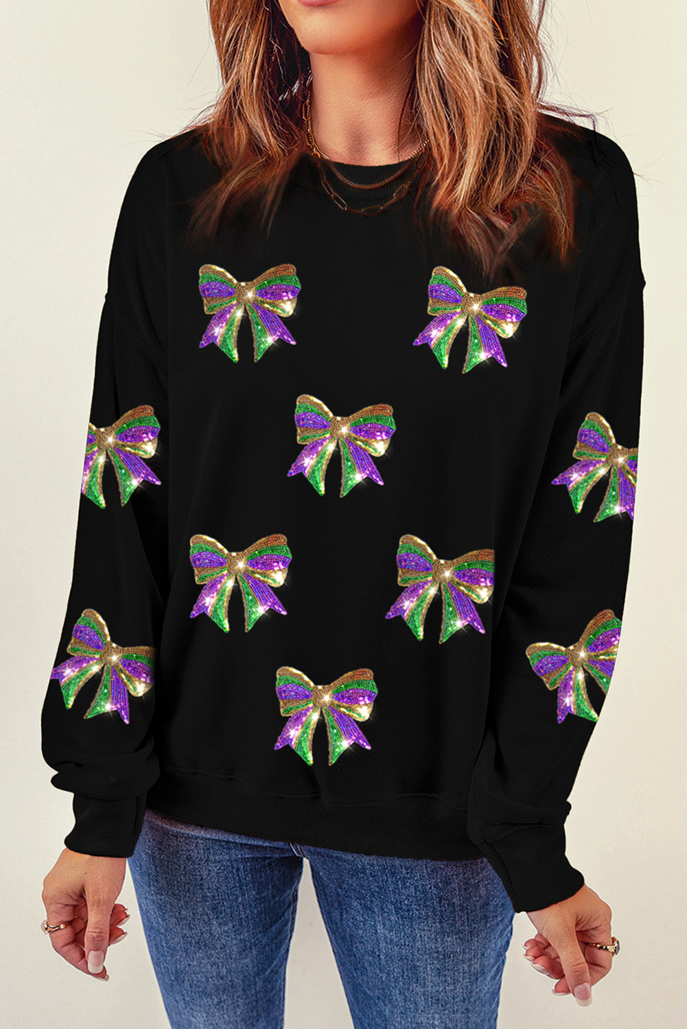 Black Sequin Mardi Gras Bow Graphic Pullover Sweatshirt