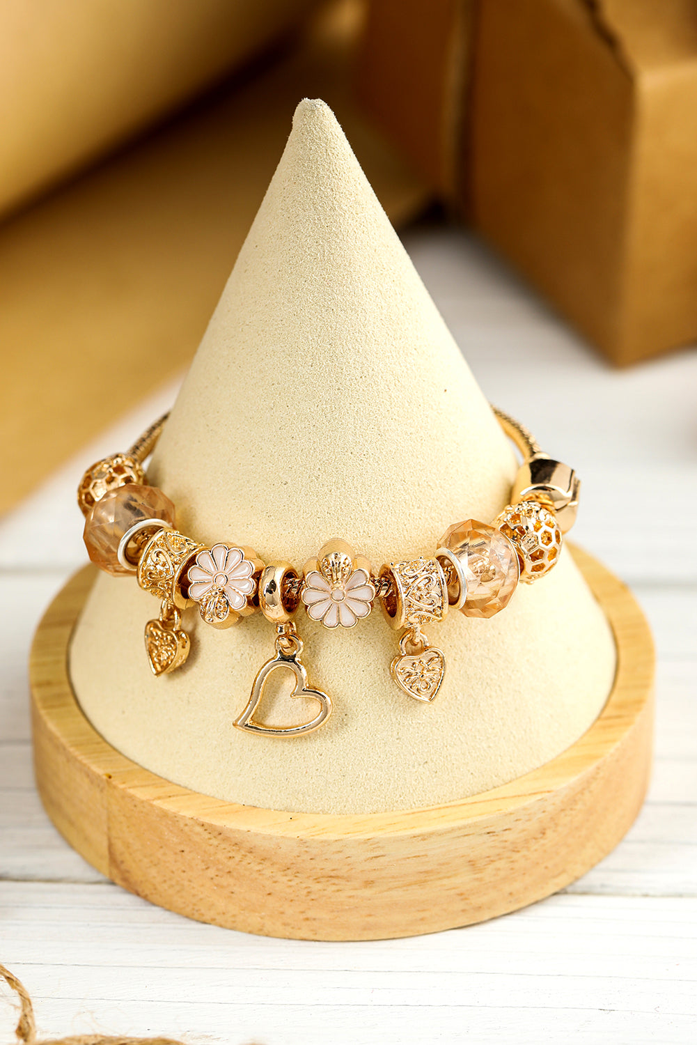 Gold Flower Heart Charm Plated Alloy Bracelet