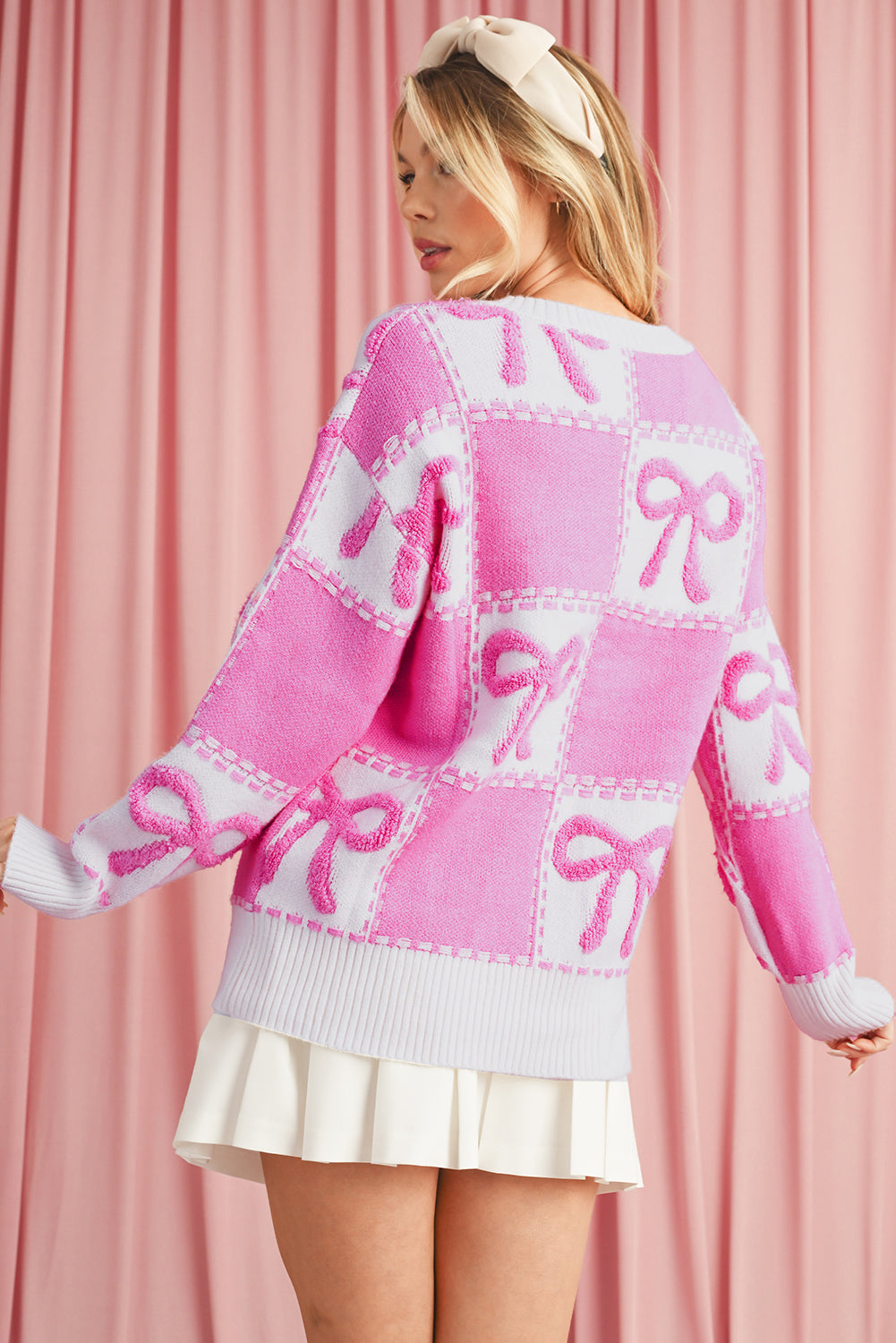 Pink Sweet Bow Two Tone Checkered Sweater