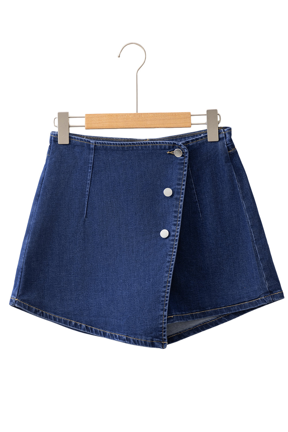 Bluing Asymmetric Wrapped Buttoned High Waist Denim Shorts